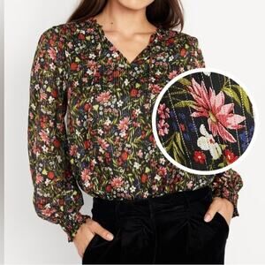 NWOT Old Navy Smocked Floral Metallic Shine Peasant Blouse in Black Multi SZ M